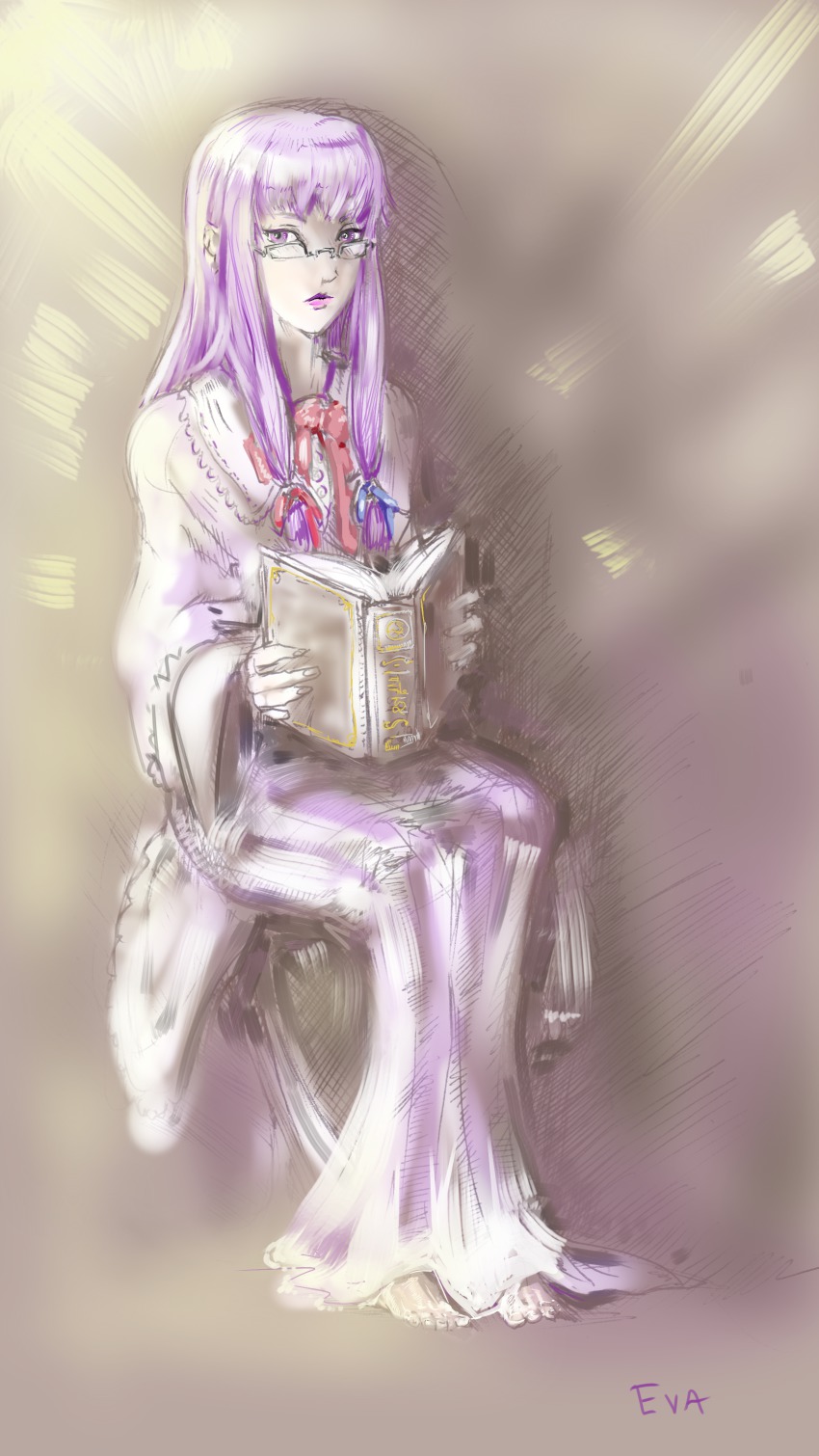 1girl, absurdres, artist_name, barefoot, bespectacled, book, eva-st-clare, expressionless