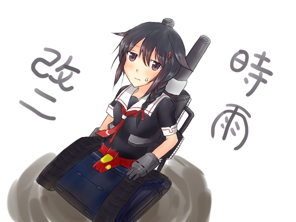 1girl, black_hair, crossover, female_focus, gundam, guntank, hair_ornament, hairclip