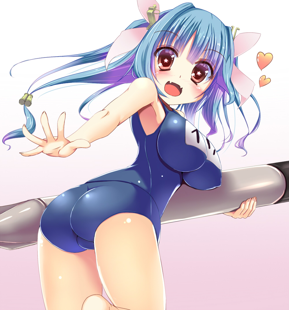 10s, 1girl, ajikan_(azican), bad_id, bad_pixiv_id, blue_hair, breasts, fangs, female_focus, gradient_background, gradient_hair, hair_ribbon, heart, i-19_(kancolle), kantai_collection, large_breasts, long_hair, looking_at_viewer, multicolored_hair, one-piece_swimsuit, purple_hair, red_eyes, ribbon, school_swimsuit, solo, star-shaped_pupils, star_(symbol), swimsuit, symbol-shaped_pupils, torpedo, twintails