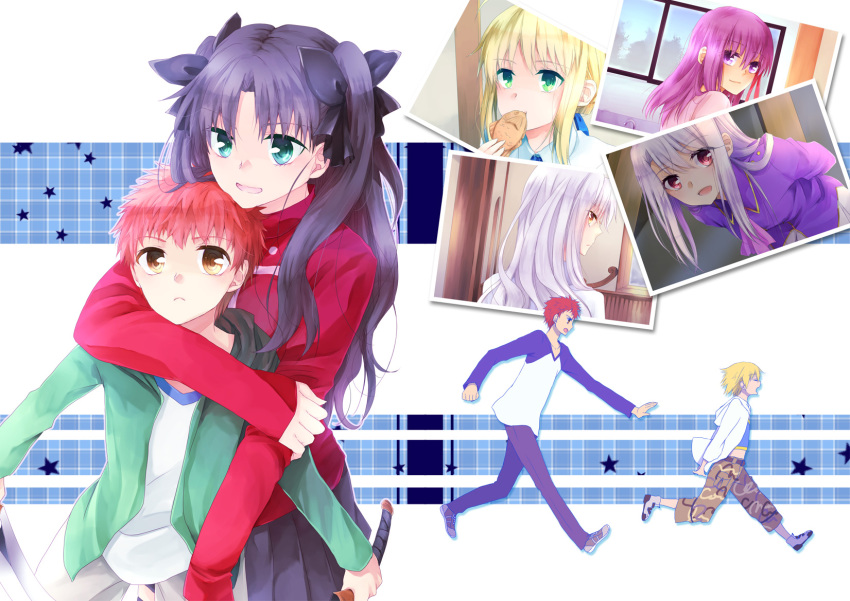 2boys, 5girls, ahoge, artoria_pendragon_(fate), bad_id, bad_pixiv_id, black_hair, blonde_hair