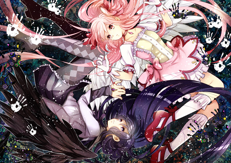 10s, 2girls, akemi_homura, akemi_homura_(magical_girl), choker, gloves, hair_ribbon, kaname_madoka