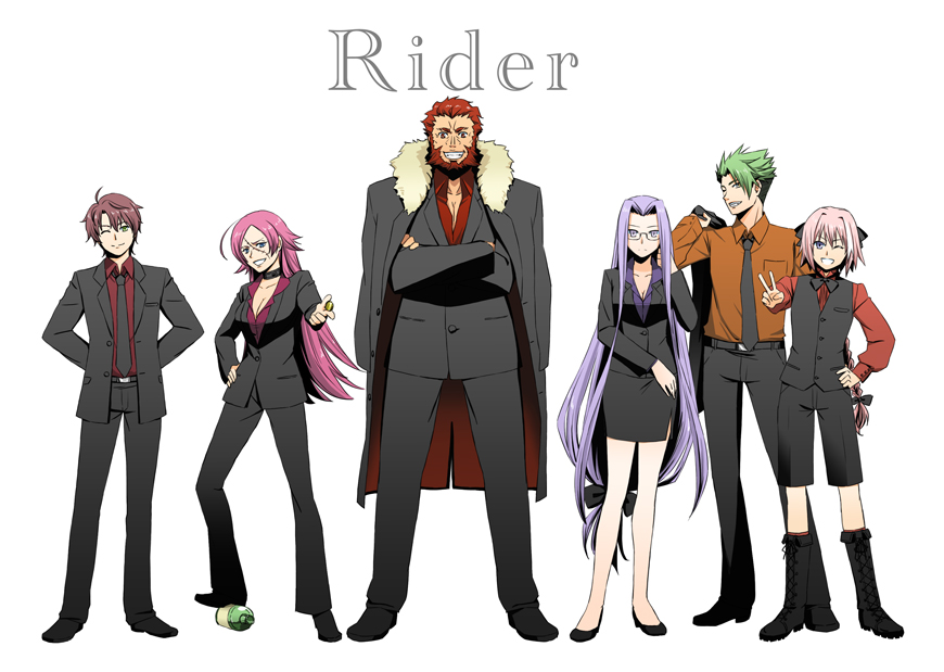 10s, 2girls, 4boys, achilles_(fate), astolfo_(fate), fate/apocrypha, fate/extra, fate/prototype, fate/stay_night, fate/zero, fate_(series), formal_clothes, francis_drake_(fate), green_hair, iskandar_(fate), long_hair, low-tied_long_hair, medusa_(fate), medusa_(rider)_(fate), miniskirt, multiple_boys, multiple_girls, pencil_skirt, perseus_(fate), pink_hair, purple_hair, red_hair, shimaneko, skirt, skirt_suit, suit, very_long_hair
