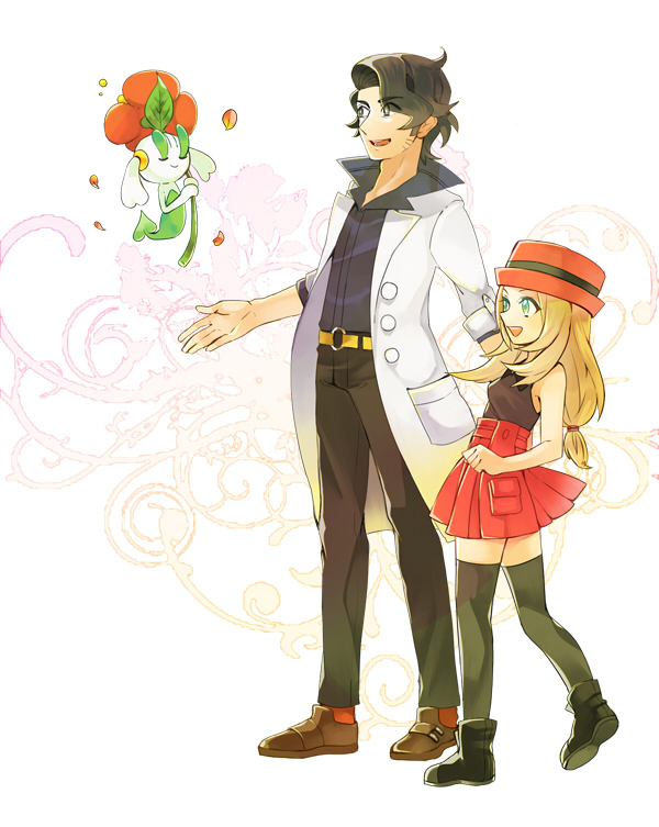 10s, 1boy, 1girl, professor_sycamore, bad_id, bad_pixiv_id, bare_shoulders, black_hair