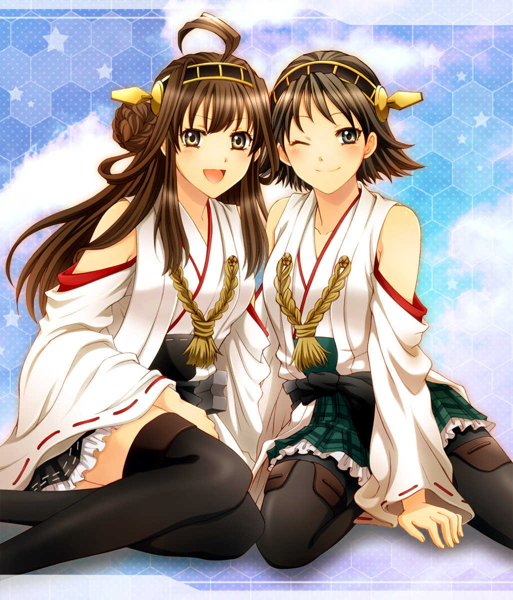 10s, 2girls, ahoge, black_eyes, boots, braid, brown_eyes, brown_hair, detached_sleeves, hairband, hiei_(kancolle), highres, japanese_clothes, kantai_collection, karuta410, kongou_(kancolle), multiple_girls, nontraditional_miko, one_eye_closed, open_mouth, pantyhose, personification, siblings, sisters, sitting, smile, thigh_boots, thighhighs, wink