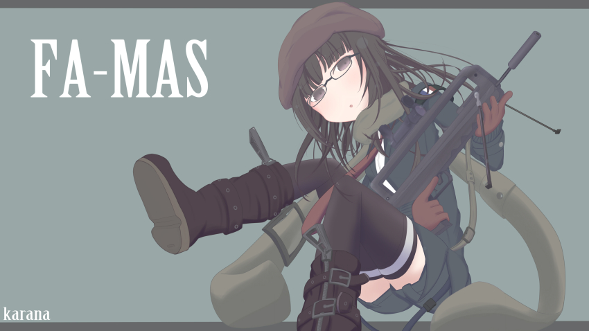 1girl, assault_rifle, bad_id, bad_pixiv_id, black_hair, blunt_bangs, brown_eyes, bullpup