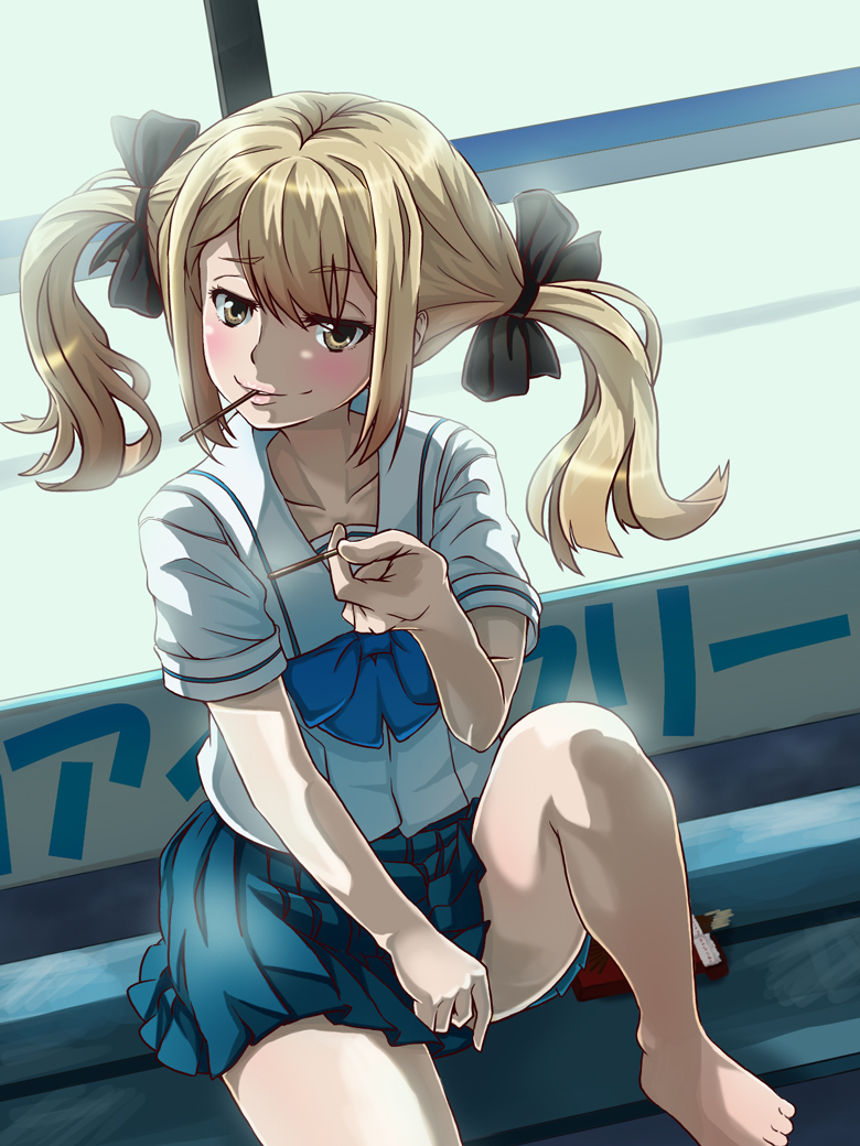 10s, 1girl, barefoot, blonde_hair, female_focus, food, koujiro_frau, peppe