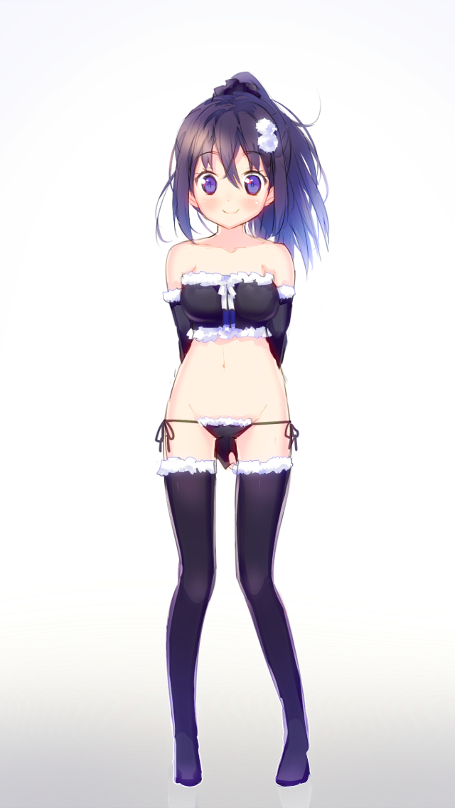 1girl, arms_behind_back, black_gloves, black_hair, black_panties, black_thighhighs, blue_vert, blush, elbow_gloves, female_focus, fur_trim, gloves, long_hair, lowleg, lowleg_panties, navel, original, panties, ponytail, purple_eyes, side-tie_panties, sketch, smile, solo, thighhighs, underwear