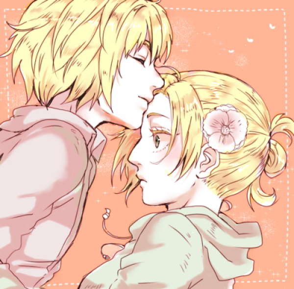 1boy, 1girl, annie_leonhart, aquiline_nose, armin_arlert, ashinamaturi, bad_id, bad_pixiv_id, blonde_hair, blue_eyes, closed_eyes, flower, hair_flower, hair_ornament, heart, hetero, hood, hoodie, kiss, kissing_forehead, nose, ponytail, shingeki_no_kyojin, short_hair, surprised, wide-eyed
