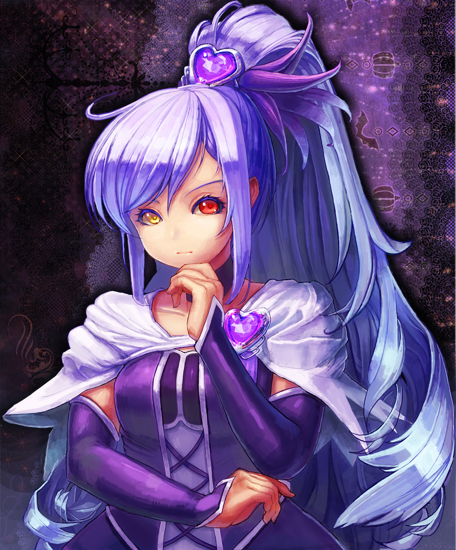 1girl, arm_warmers, cape, choker, detached_sleeves, dress, female_focus, fingerless_gloves, gloves, hair_ornament, heart, heart_hair_ornament, heterochromia, long_hair, looking_at_viewer, magical_girl, mochisoldier, original, ponytail, precure, purple_arm_warmers, purple_dress, purple_hair, red_eyes, solo, yellow_eyes