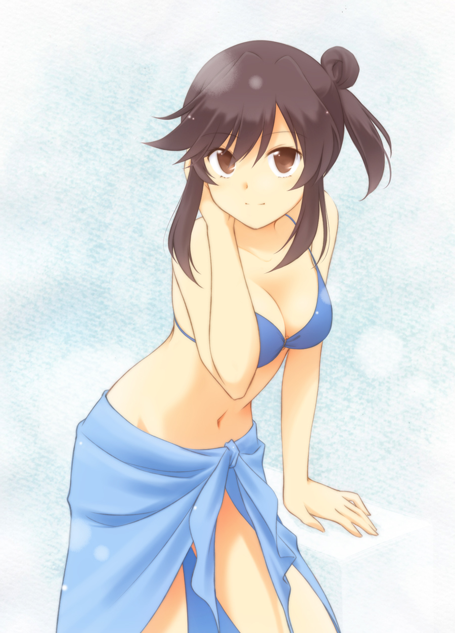 1girl, arm_support, bikini, bikini_top_only, black_hair, blue_bikini, breasts, brown_eyes, cleavage, female_focus, hair_bun, hand_on_own_head, highres, ichijou_hotaru, natsushi, navel, non_non_biyori, o-ring, o-ring_top, ponytail, sarong, short_ponytail, single_hair_bun, smile, solo, strap_gap, swimsuit