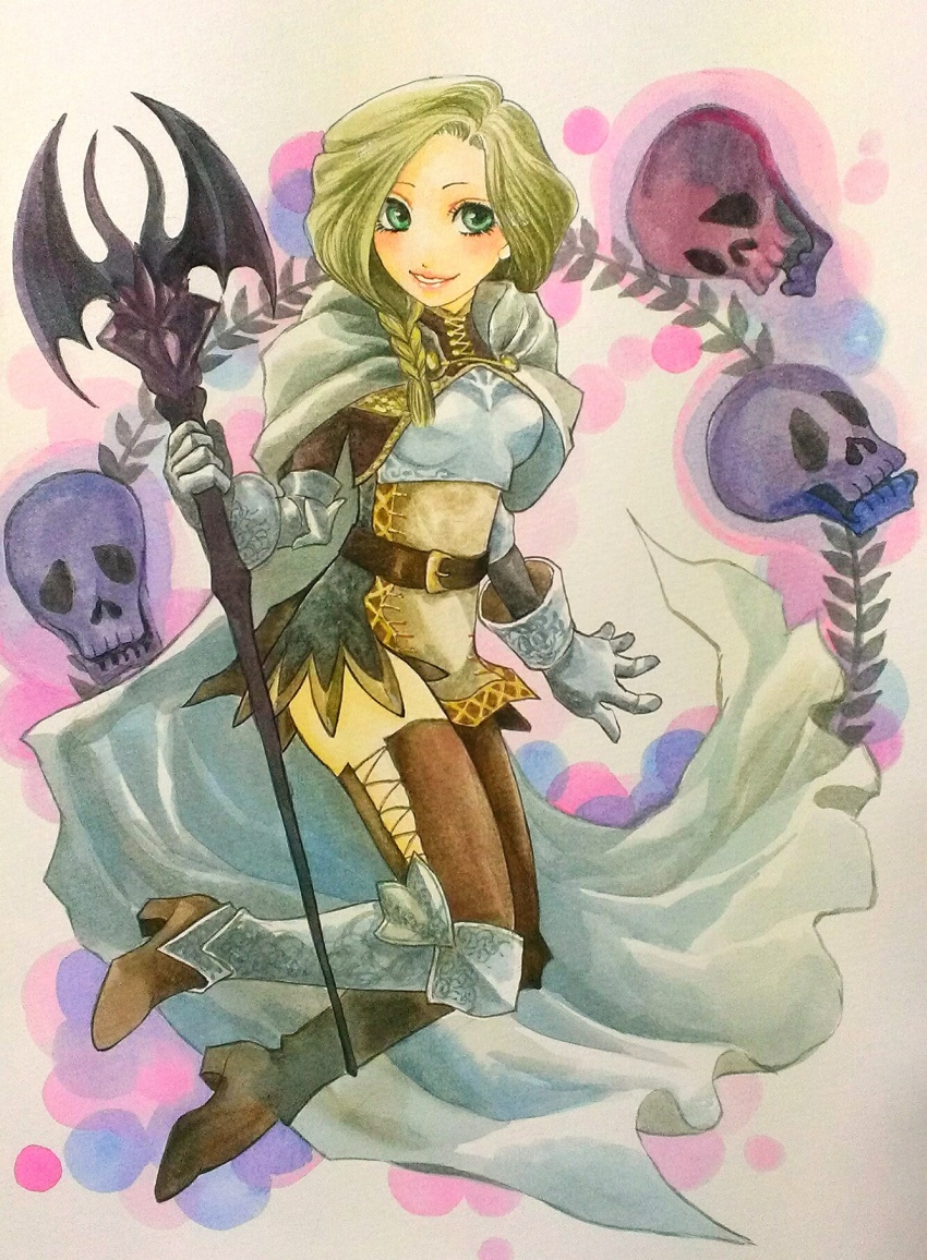 1girl, arisen_(dragon's_dogma), armor, blonde_hair, blush, boots, braid, breastplate, cosplay, dragon's_dogma, dragon's_dogma_(series), earrings, female_focus, gauntlets, greaves, green_eyes, highres, jewelry, long_hair, mercedes_marten, ouri_(xxxbobxxx), side_braid, single_braid, skull, smile, solo, staff, thigh_boots, thighhighs