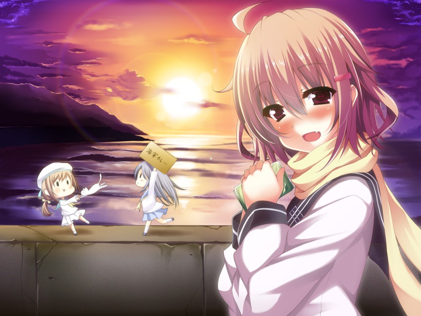 10s, 12.7mm_single_machine_gun_mount, 3girls, :d, blonde_hair, blush, cat, cloud, error_musume, fairy_(kancolle), fang, girl_holding_a_cat_(kancolle), hair_ornament, hair_ribbon, hairclip, hat, highres, ikazuchi_(kancolle), kantai_collection, kusano_(torisukerabasu), long_sleeves, looking_at_viewer, mini_person, minigirl, multiple_girls, ocean, open_mouth, purple_eyes, ribbon, scarf, school_uniform, serafuku, shirt, silver_hair, skirt, sky, smile, solo_focus, sunset