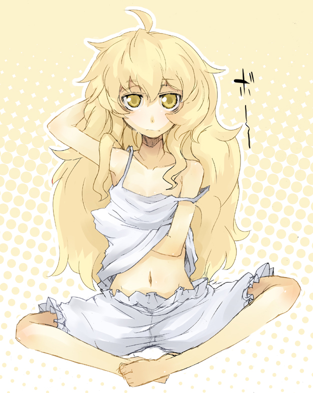 1girl, ahoge, armpits, bad_id, bad_pixiv_id, barefoot, blonde_hair, bloomers