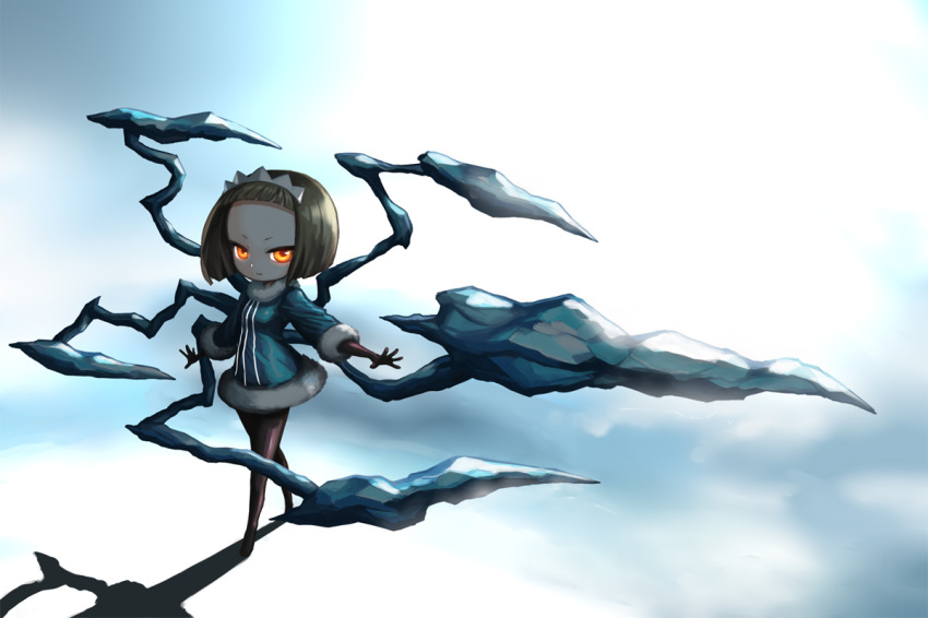 1girl, blunt_bangs, bob_cut, brown_hair, brown_pantyhose, claws, cloud, coat