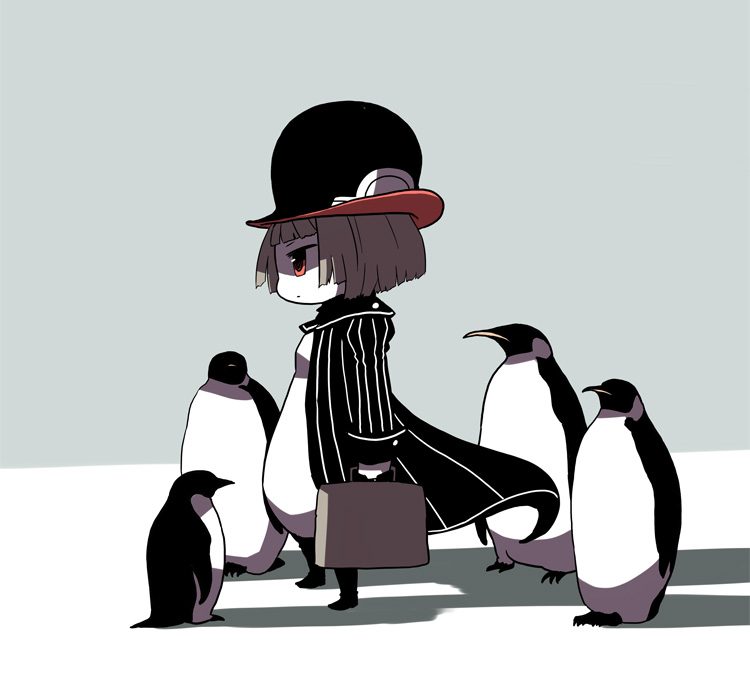 1girl, ascot, beak, bird, bob_cut, boots, briefcase, brown_hair