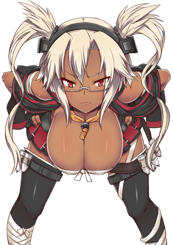 10s, 1girl, bandages, bent_over, black_gloves, blonde_hair, breasts, cleavage, closed_mouth, dark-skinned_female, dark_skin, female_focus, frown, glasses, gloves, hands_on_own_hips, hanging_breasts, headgear, kadokawa_shoten, kantai_collection, kuroshiro_gurei, large_breasts, leaning_forward, long_hair, looking_at_viewer, looking_over_eyewear, miniskirt, musashi_(kancolle), pointy_hair, red_eyes, semi-rimless_eyewear, simple_background, skirt, solo, thighhighs, tsurime, twintails, two_side_up, under-rim_eyewear, white_background, zettai_ryouiki