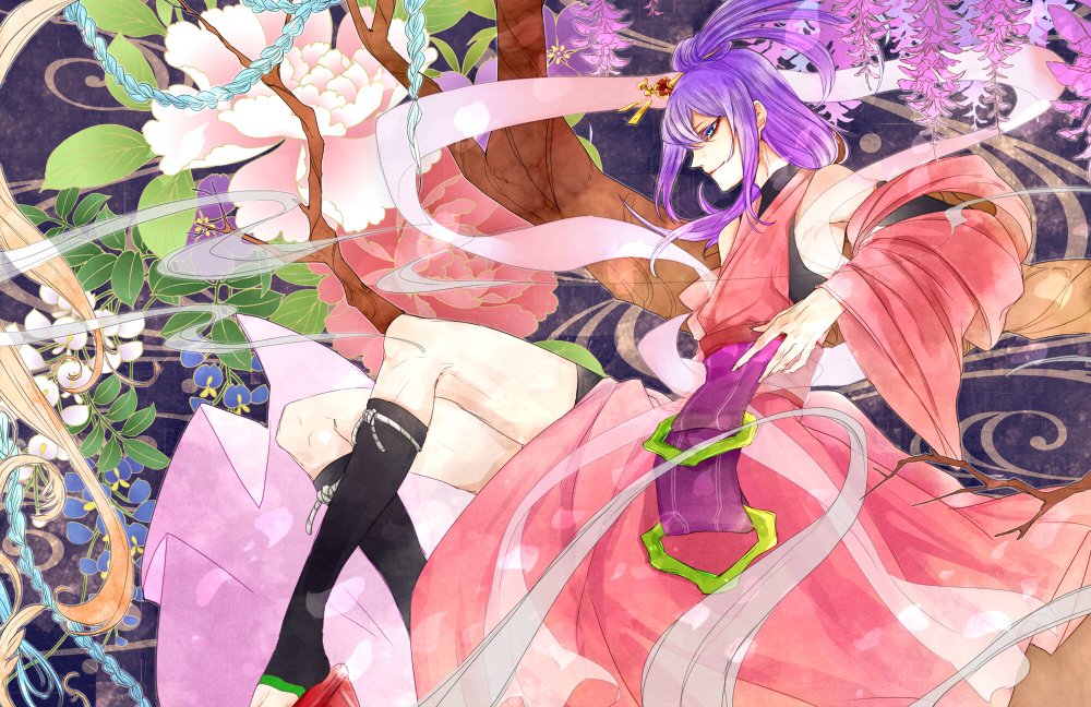 1boy, amane_nishiki, azanaya_nie, bad_id, bad_pixiv_id, blazblue, blazblue:_chronophantasma, blue_eyes, japanese_clothes, kimono, purple_hair, trap