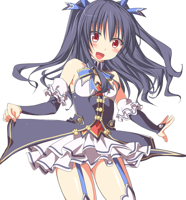 1girl, :d, bare_shoulders, black_hair, blush, breasts, bridal_gauntlets, clothes_lift