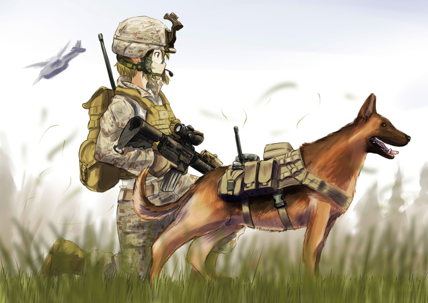 1girl, absurdres, aircraft, ammunition_pouch, assault_rifle, backpack, bag, blonde_hair, body_armor, bulletproof_vest, call_of_duty, call_of_duty:_ghosts, call_of_duty:ghosts, camouflage, canteen, digital_camouflage, dog, erica_(naze1940), female_focus, german_shepherd, glasses, grass, gun, headset, helicopter, helmet, highres, kneeling, load_bearing_vest, m4_carbine, military, military_combat_uniform, military_uniform, misleading_thumbnail, on_one_knee, original, pouch, profile, radio, radio_antenna, rifle, riley_(ghosts), short_hair, soldier, solo, united_states_marine_corps, weapon, yellow_eyes