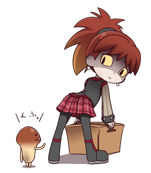 1girl, boots, box, colored_sclera, daisy_(osawari_tantei), earrings, funghi, jewelry, leaning_forward, looking_back, nameko_(osawari_tantei), nollety, orange_hair, osawari_tantei, pantyhose, ponytail, shaded_face, skirt, yellow_sclera