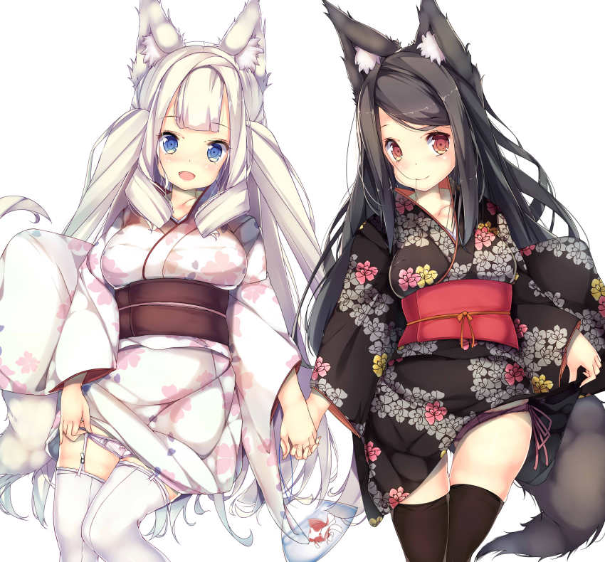 2girls, absurdres, animal_ears, bad_id, bad_pixiv_id, bag, black_hair, blonde_hair