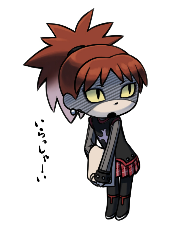 1girl, bad_id, bad_pixiv_id, colored_sclera, daisy_(osawari_tantei), earrings, jewelry, oda_takayuki, orange_hair, osawari_tantei, pantyhose, ponytail, shaded_face, skirt, yellow_sclera