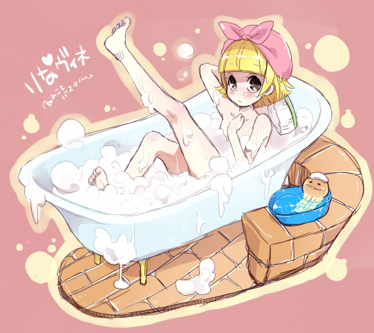 1girl, barefoot, bath, bathing, bathtub, blonde_hair, blush, brown_eyes