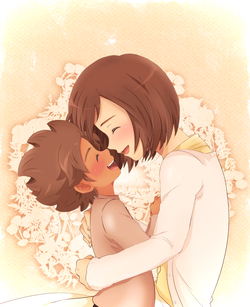 10s, 1boy, 1girl, bad_id, bad_pixiv_id, blush, bou_erika, brown_hair