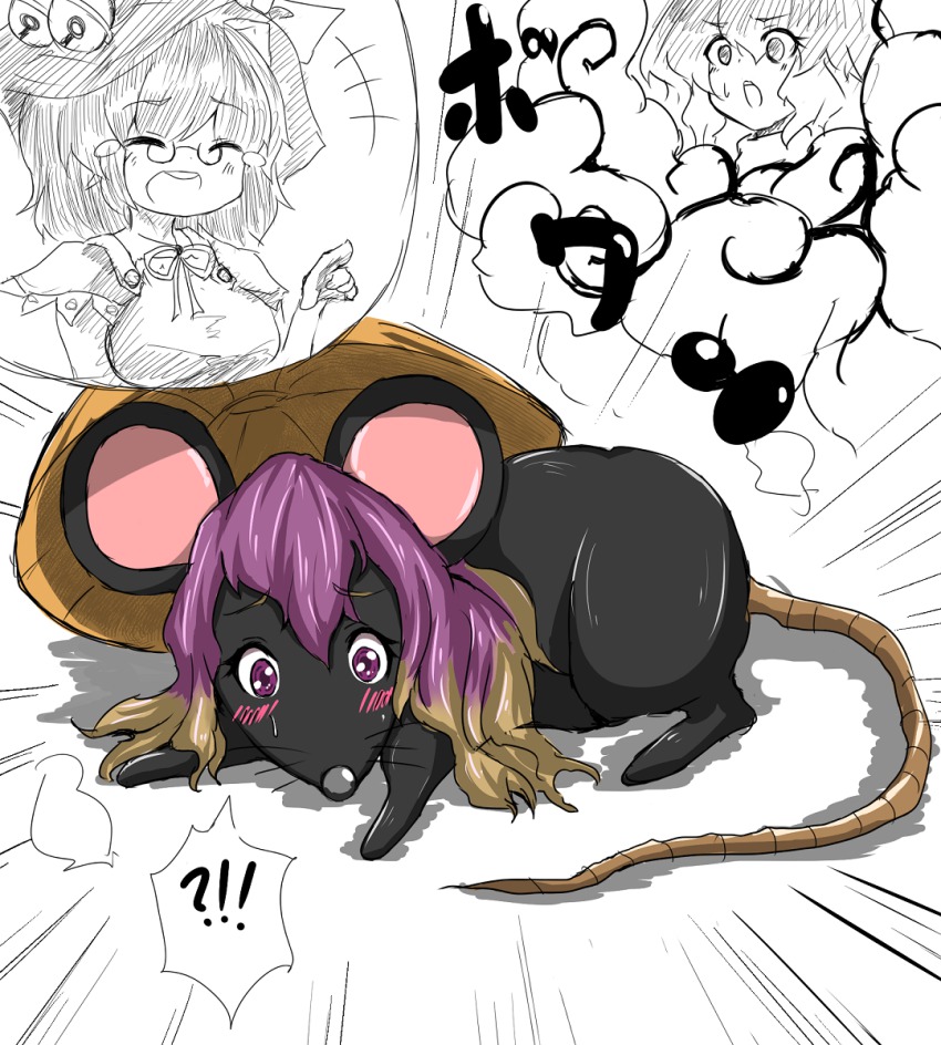 2girls, ajirogasa, animalization, bell, blonde_hair, blush, bowl, bowl_hat, futatsuiwa_mamizou, glasses, gradient_hair, hat, highres, hijiri_byakuren, hijiri_byakuren_(mouse), hopeless_masquerade, laughing, leaf, leaf_on_head, long_hair, mouse_(animal), multicolored_hair, multiple_girls, object_on_head, open_mouth, purple_hair, sanami-san, short_hair, short_sleeves, simple_background, smoke, sweat, tears, touhou, transformation, white_background