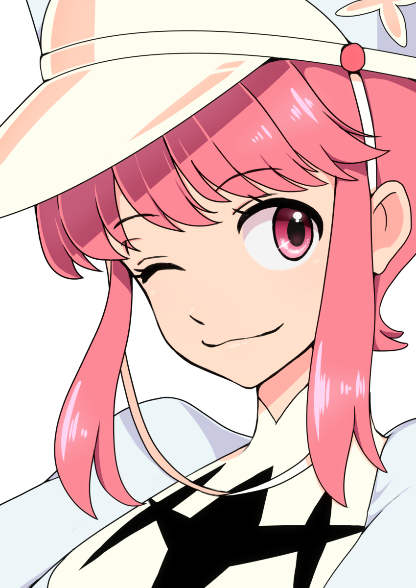 10s, 1girl, ;), bajinappo, female_focus, hat, highres, jakuzure_nonon, kill_la_kill, one_eye_closed, pink_eyes, pink_hair, shako_cap, short_hair, sidelocks, smile, solo, uniform, wink