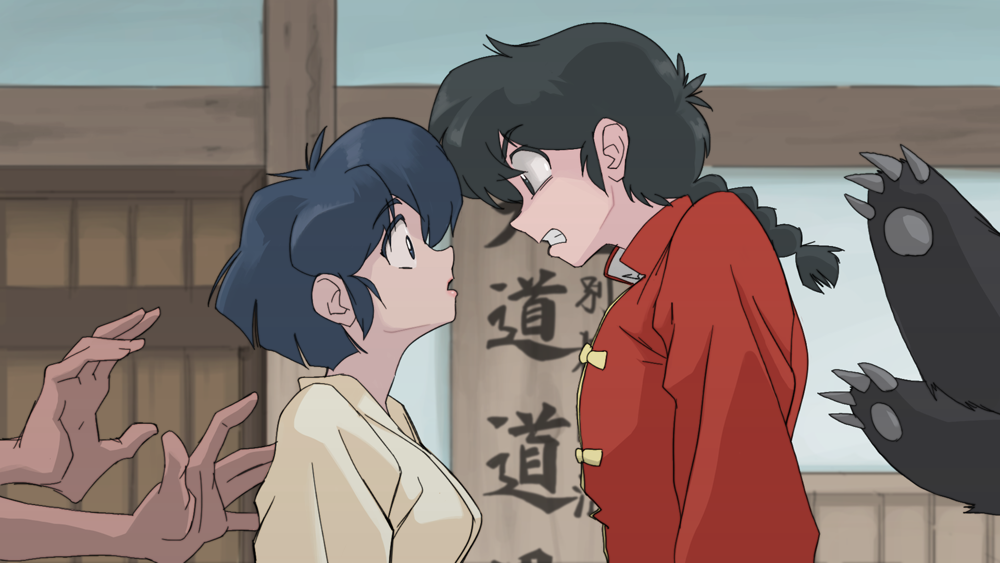 1boy, 1girl, black_hair, blue_eyes, blue_hair, braid, chinese_clothes, dojo