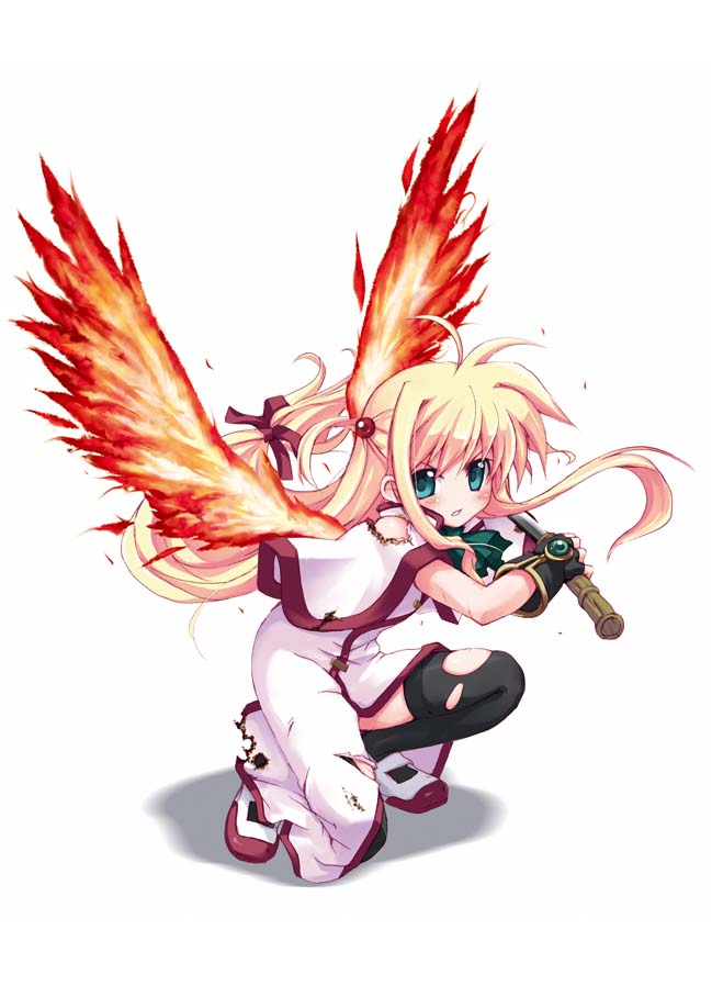1girl, arisa_bunnings, burning_arisa, crossover, female_focus, fiery_wings, lyrical_nanoha, magical_girl