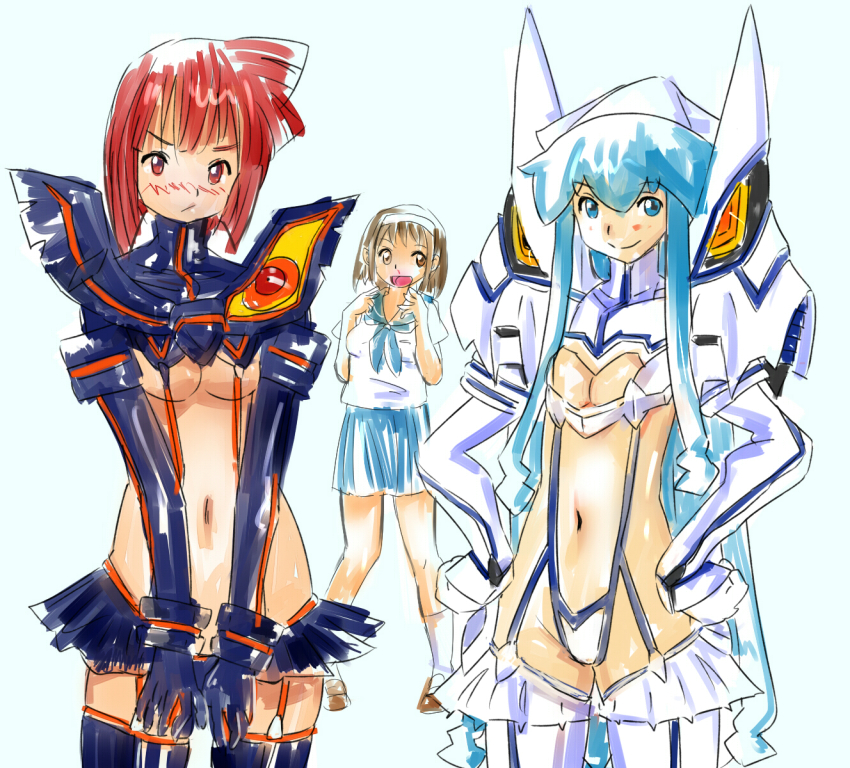 3girls, aizawa_eiko, blood, blue_eyes, blue_hair, blue_sailor_collar, blue_skirt, blush