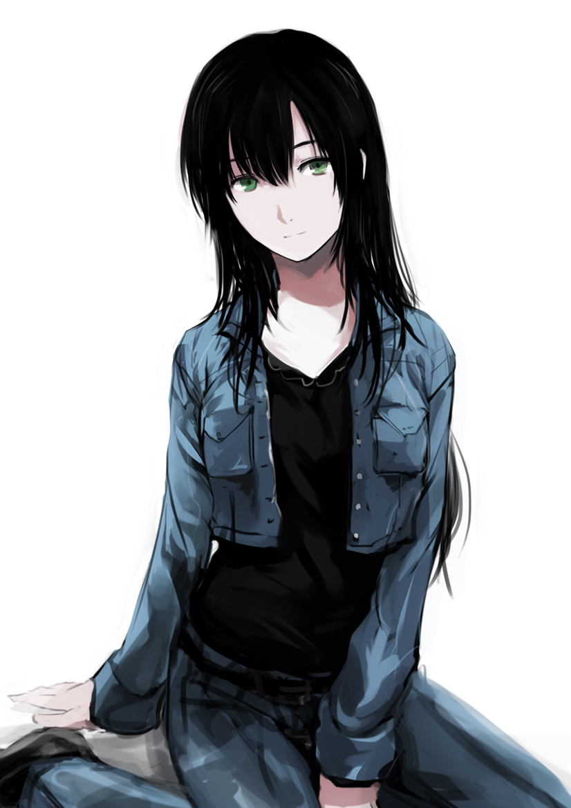 1girl, bad_id, bad_pixiv_id, black_hair, denim, denim_jacket, female_focus, green_eyes, jacket, jeans, kamemushi_(hoozuki), long_hair, md5_mismatch, original, pants, sitting, sketch, solo, wariza