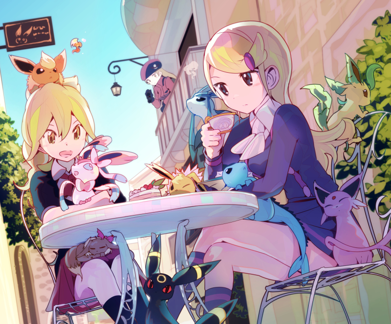10s, 3girls, ace_trainer_(female)_(pokemon_xy), ace_trainer_(pokemon), blonde_hair, blue_eyes, blush, cafe