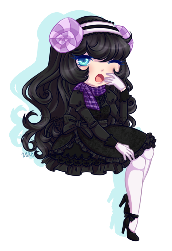 1girl, ;d, animal_crossing, black_dress, black_hair, blue_eyes, blunt_bangs, crossed_legs