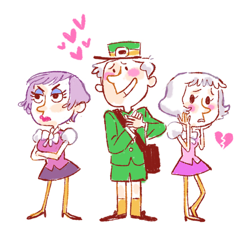 1boy, 2girls, animal_crossing, annoyed, blush_stickers, broken_heart, crossed_arms, eyeshadow