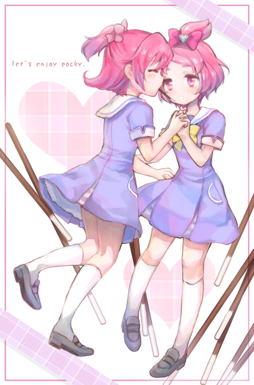 2girls, aida_mana, bad_id, bad_pixiv_id, blush, bow, couple, dokidoki!_precure