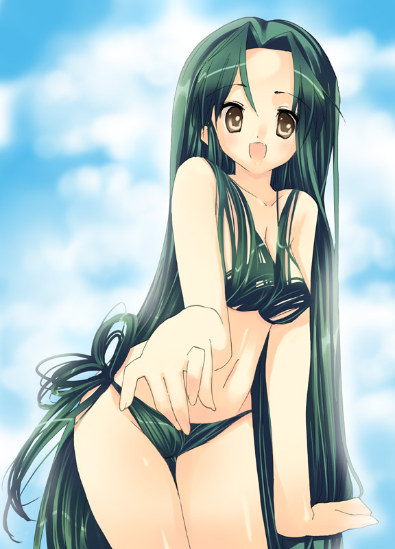 00s, 1girl, arikawa_satoru, bad_anatomy, bad_hands, bikini, blush, breasts, censored, convenient_censoring, day, fang, female_focus, green_hair, hair_bikini, convenient_hair, hair_over_breasts, long_hair, poorly_drawn, solo, suzumiya_haruhi_no_yuuutsu, swimsuit, tsuruya, very_long_hair, yellow_eyes