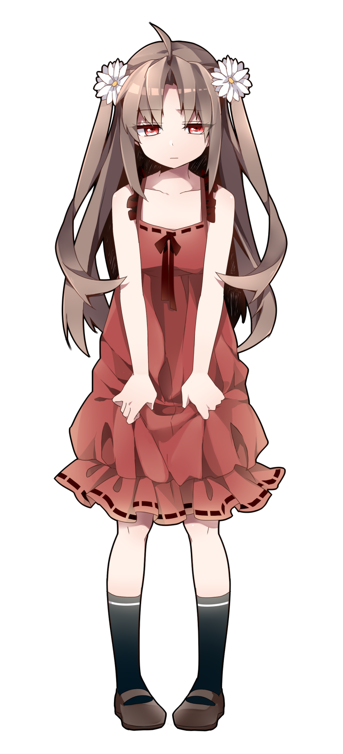 1girl, ahoge, bad_id, bad_pixiv_id, brown_hair, clothes_grab, dress, female_focus, flower, full_body, furan_inetsu_girl_(vocaloid), grabbing_another's_dress, hair_flower, hair_ornament, highres, holding_own_dress, ichinose_yukino, jigokugata_ningen_doubutsuen_(vocaloid), long_hair, mary_janes, original, red_eyes, shoes, socks, solo, transparent_background, two_side_up, vocaloid