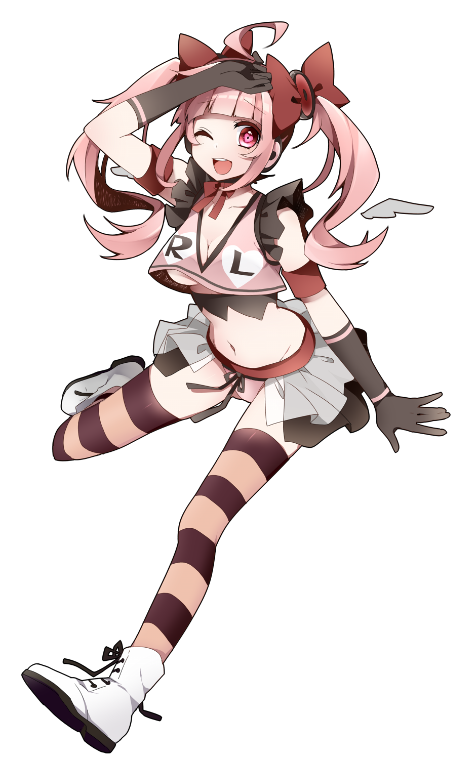 1girl, ;d, ahoge, armband, bad_id, bad_pixiv_id, boots, bow, breasts, cleavage, crop_top, dennou_kyouai_girl_(vocaloid), female_focus, full_body, gloves, hair_bow, hand_on_own_head, heart, heart-shaped_pupils, highres, ichinose_yukino, jigokugata_ningen_doubutsuen_(vocaloid), legs, long_hair, medium_breasts, midriff, navel, no_bra, one_eye_closed, open_mouth, original, panties, pink_eyes, showgirl_skirt, skirt, smile, solo, striped_clothes, striped_thighhighs, symbol-shaped_pupils, thighhighs, transparent_background, twintails, underboob, underwear, vocaloid, wink