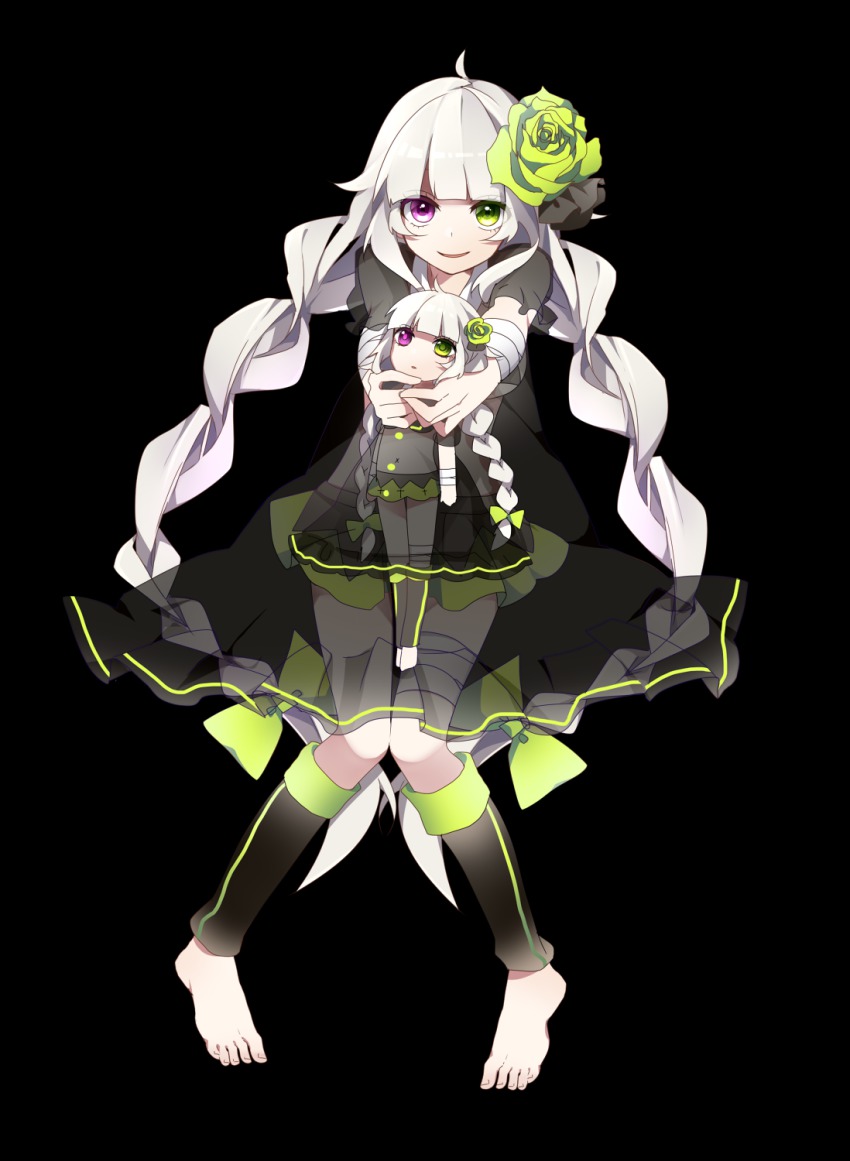 1girl, ahoge, bad_id, bad_pixiv_id, bandages, barefoot, blunt_bangs, braid