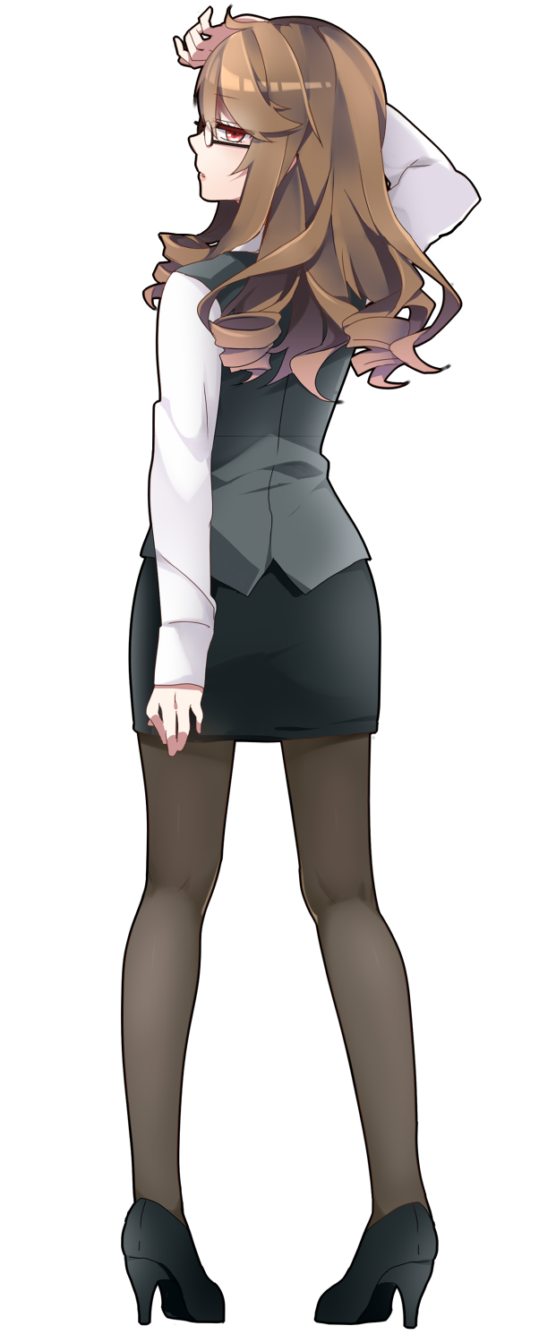 1girl, arm_up, bad_id, bad_pixiv_id, brown_hair, female_focus, full_body, glasses, gradient_hair, high_heels, highres, ichinose_yukino, jigokugata_ningen_doubutsuen_(vocaloid), looking_back, miniskirt, mousou_shikkan_yami_girl_(vocaloid), multicolored_hair, original, pantyhose, pencil_skirt, red_eyes, skirt, solo, transparent_background, vest, vocaloid