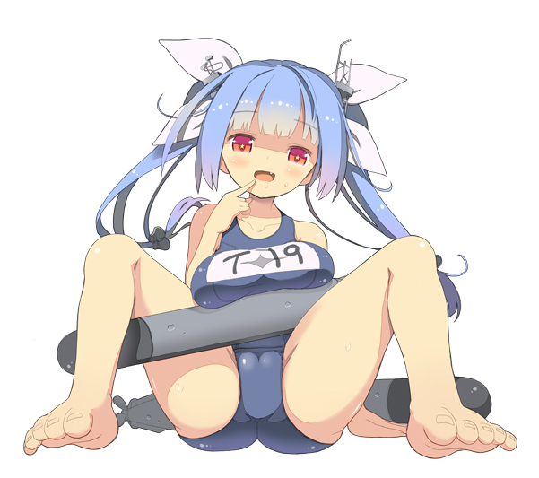 10s, 1girl, barefoot, blue_hair, blush, breast_rest, breasts, fang
