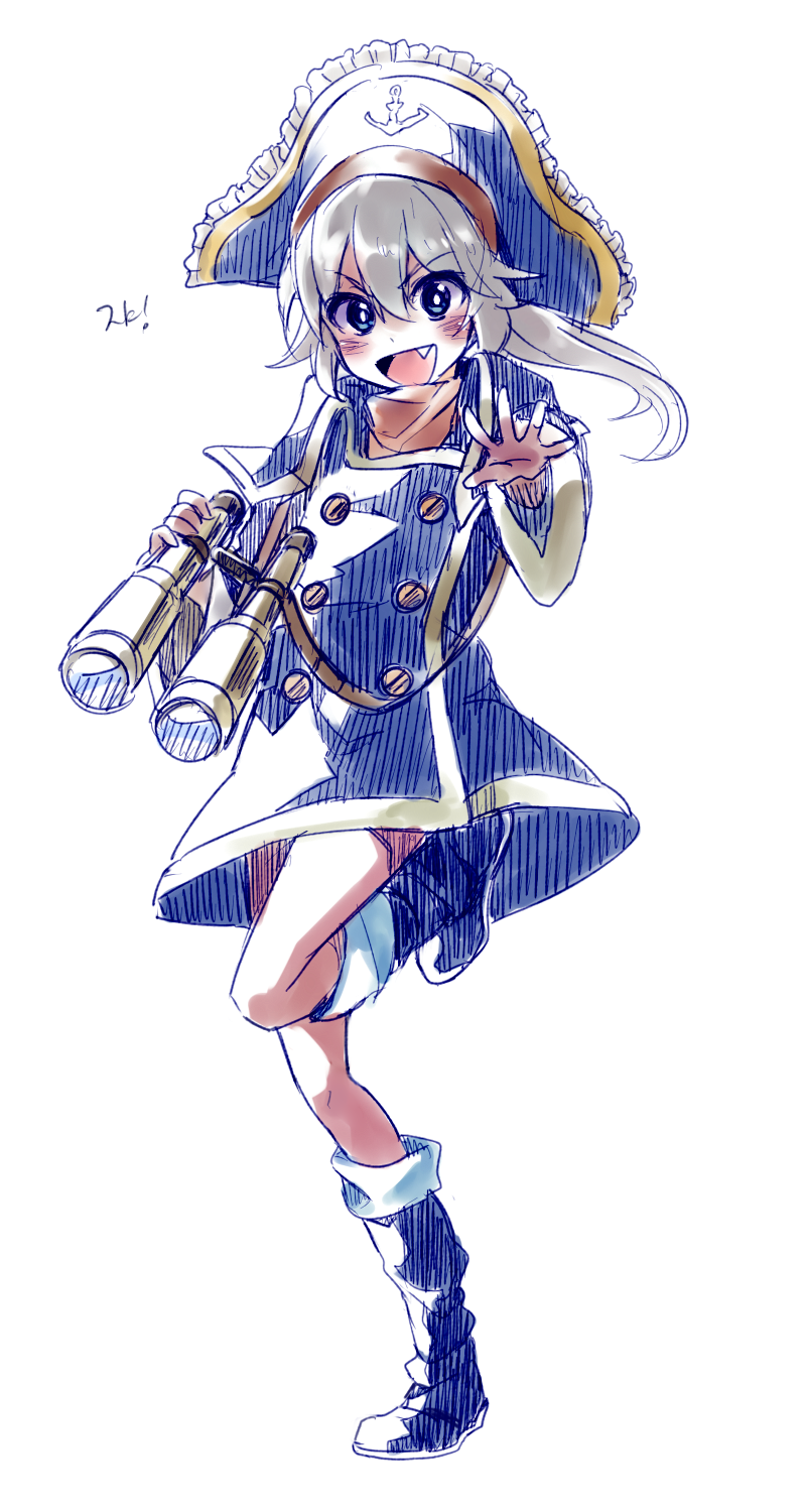 1girl, 6_(yuchae), binoculars, blue_boots, blue_eyes, blush, boots, buttons