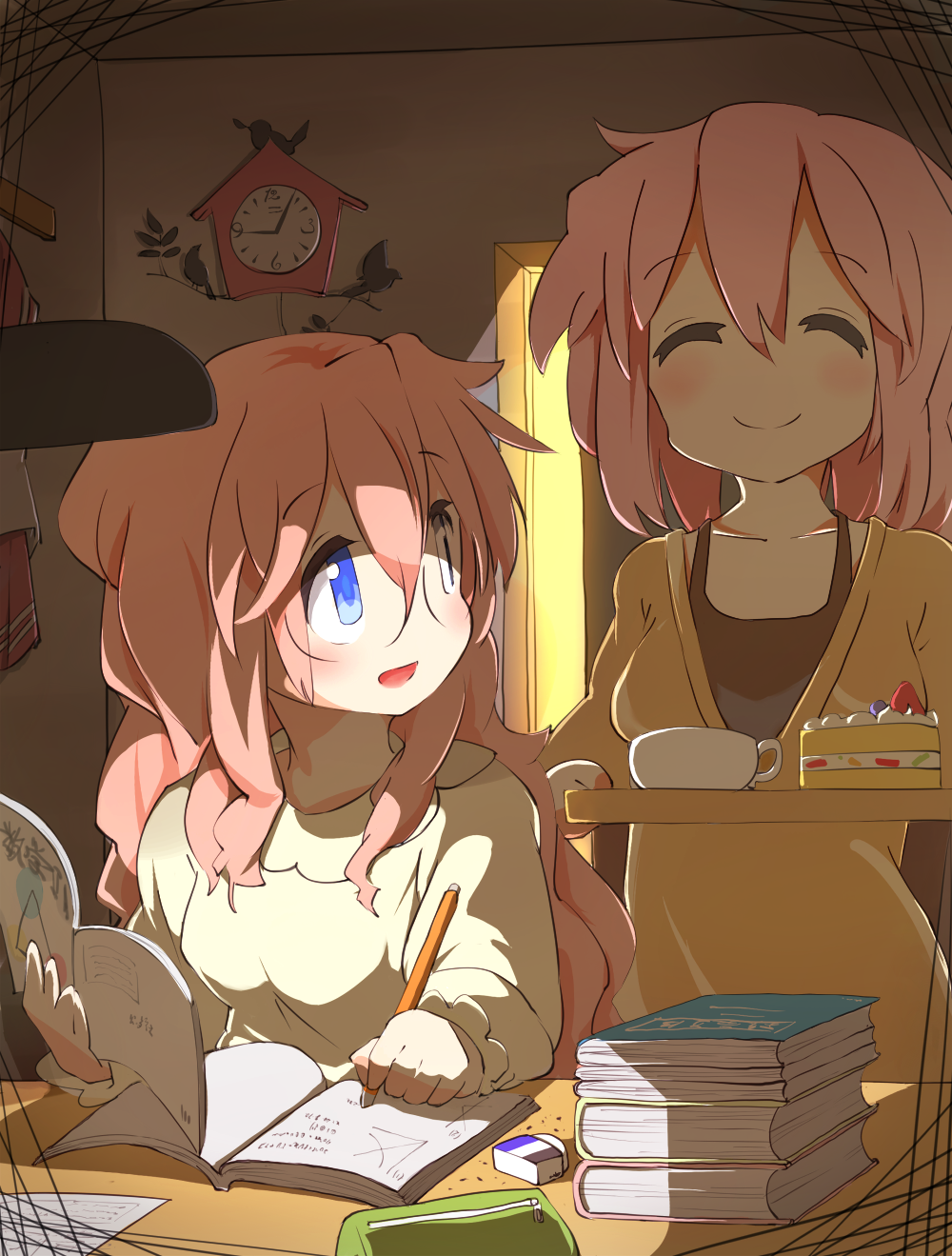 00s, 2girls, ^_^, bird, blue_eyes, blueberry, blush, book, cake, cake_slice, clock, closed_eyes, eraser, food, fruit, glasses, highres, indoors, long_hair, looking_at_another, lucky_star, mature_female, mother_and_child, mother_and_daughter, multiple_girls, open_mouth, parent_and_child, pencil, pink_hair, short_hair, smile, strawberry, studying, suno-pi, takara_miyuki, takara_yukari, tea, tray, wall_clock