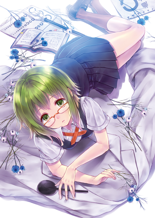 1girl, black_shoes, black_skirt, book, bookmark, branch, brown_legwear, eye_chart