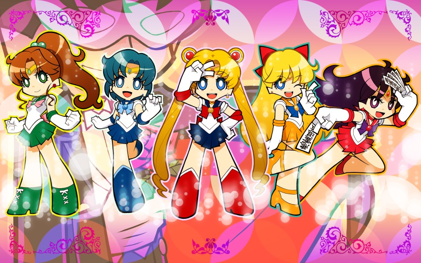 1boy, 5girls, :d, ;d, ahoge, aino_minako, arm_up, bishoujo_senshi_sailor_moon