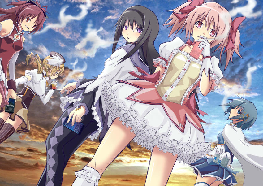 10s, 5girls, akemi_homura, akemi_homura_(magical_girl), argyle_clothes, argyle_legwear, ass, beret