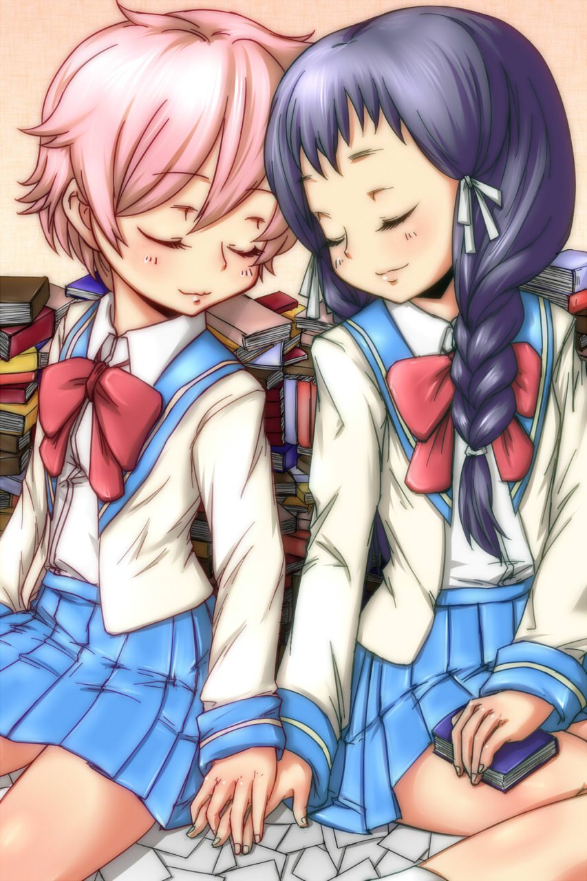 00s, 2girls, anita_king, bad_id, bad_pixiv_id, blue_skirt, book, bow